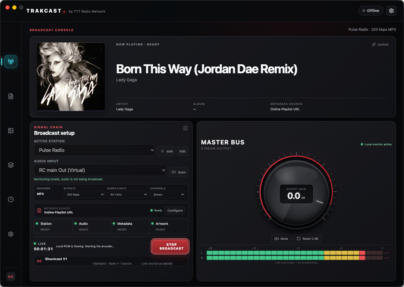 TRAKCAST Broadcast Console showing Lady Gaga track metadata and artwork, ready station indicators, a live timer and Stop Broadcast control, an Offline status badge, Master Bus gain, and stereo meters.